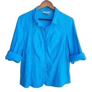 90's Sag Harbor Linen Long Sleeve Button Down Peplum Eyelet Top‎ Blue Sz 14